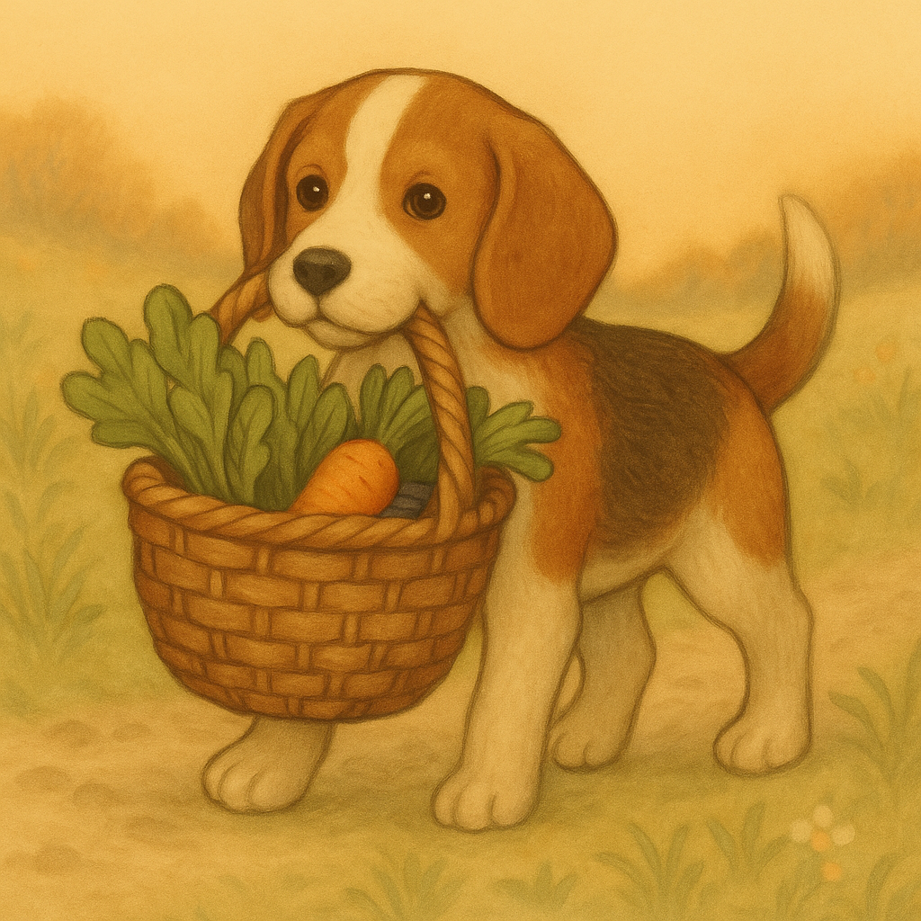 Bryan the Healing Support Pup holding a veggie basket