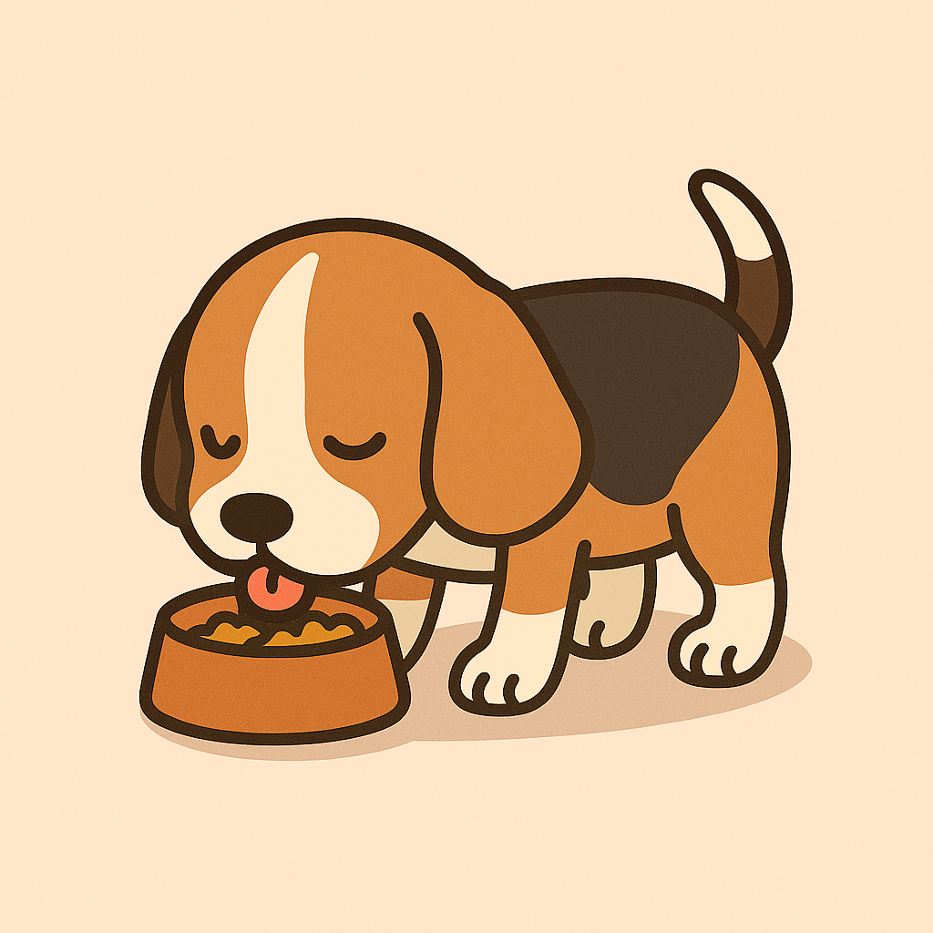 Bryan the beagle snacking from his bowl